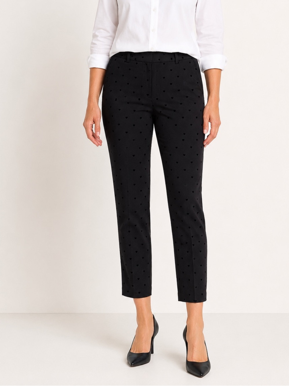 Talbots Hampshire Ankle Pants Size 12 Black Flocked Heart Print Career Preppy - Picture 1 of 14